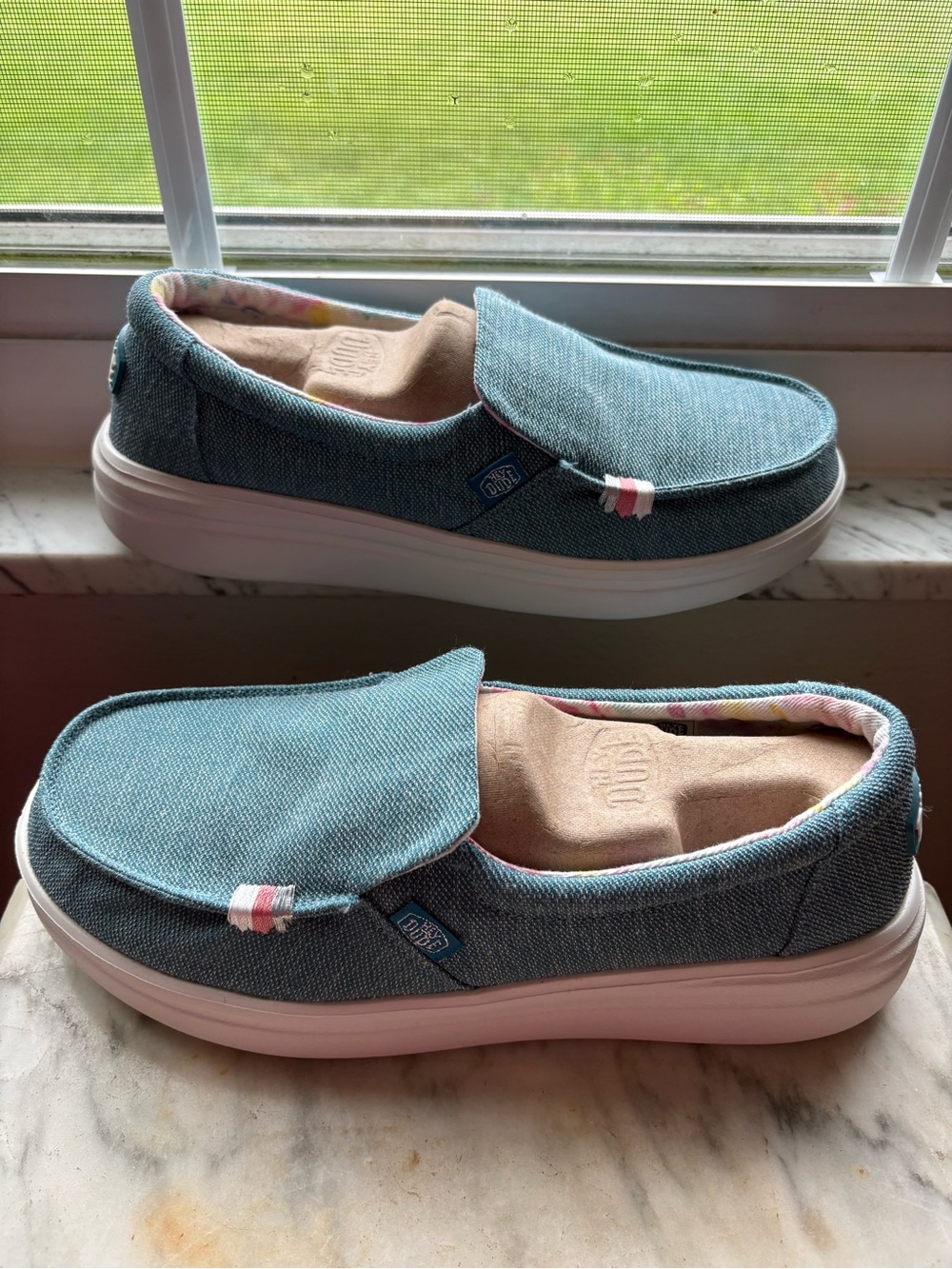 Hey Dude Women's Teal Canvas Slip-On Sneakers with White Sole - Picture 2 of 3